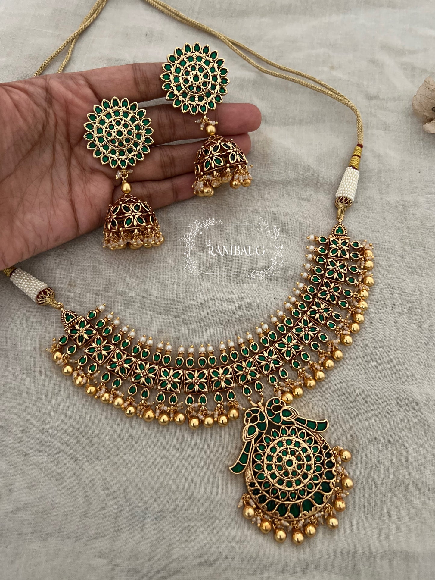 Mallika Heritage Heavy Gold Finish In Emerald And Ruby Accents Temple Necklace Jewellery Set By Ranibaug