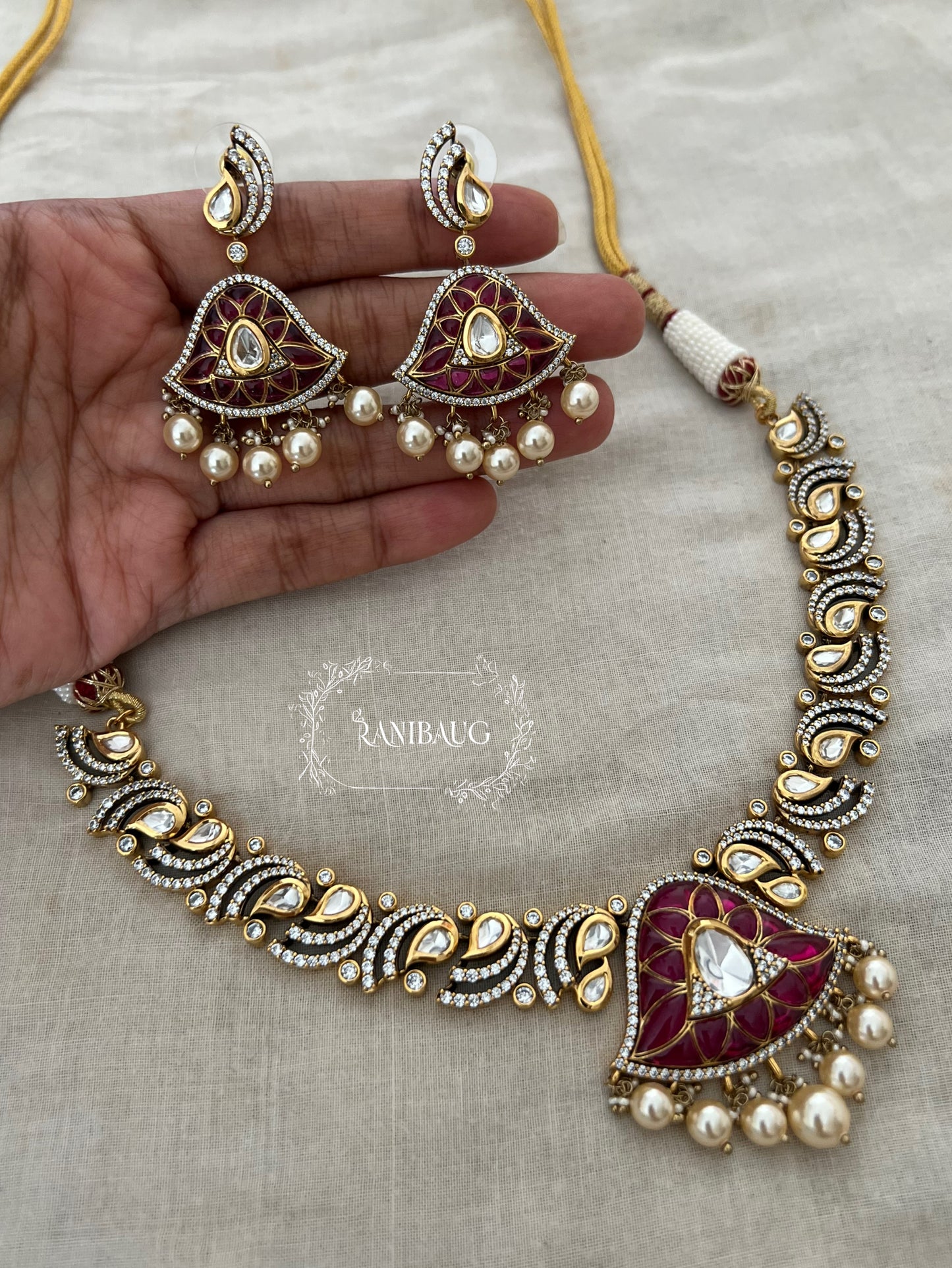 Malti Kundan And Pearl Necklace Set In Premium Gold Finish By Ranibaug