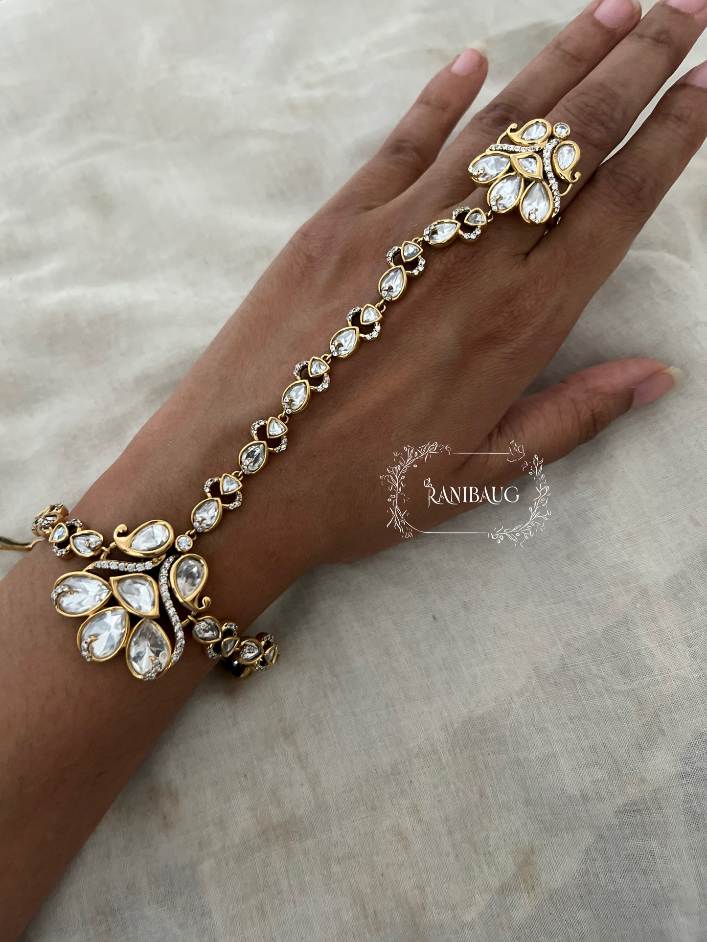 Manara Victorian Mossainite Polki Royal Floral Motif Haathphool By Ranibaug