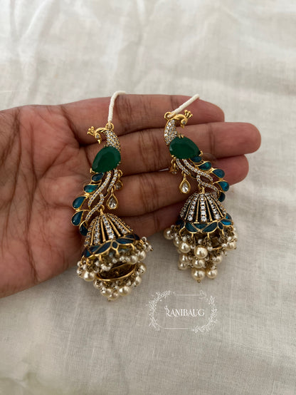 Manasvi Kundan Polki Peacock Motif Designer Royal Statement Earrings With Seed Pearl Hair Chain By Ranibaug