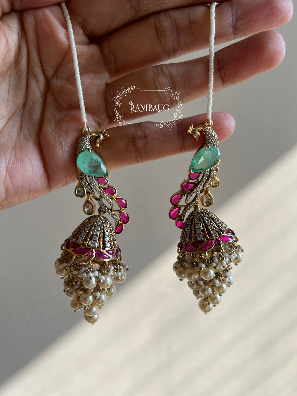 Manasvi Kundan Polki Peacock Motif Designer Royal Statement Earrings With Seed Pearl Hair Chain By Ranibaug