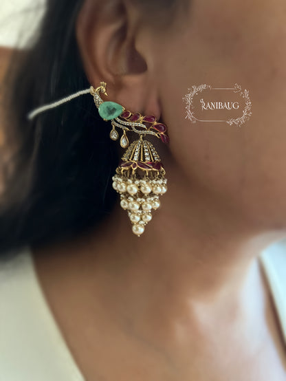 Manasvi Kundan Polki Peacock Motif Designer Royal Statement Earrings With Seed Pearl Hair Chain By Ranibaug