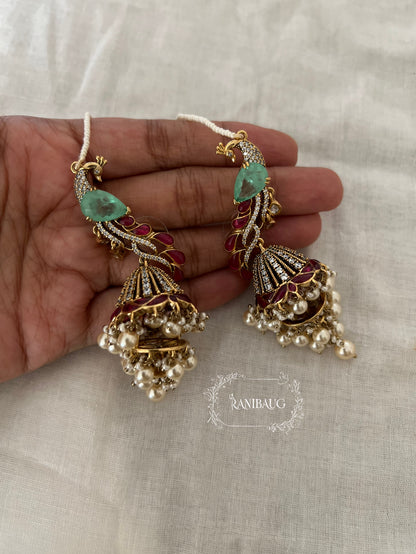 Manasvi Kundan Polki Peacock Motif Designer Royal Statement Earrings With Seed Pearl Hair Chain By Ranibaug