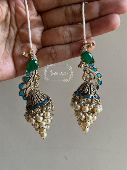 Manasvi Kundan Polki Peacock Motif Designer Royal Statement Earrings With Seed Pearl Hair Chain By Ranibaug