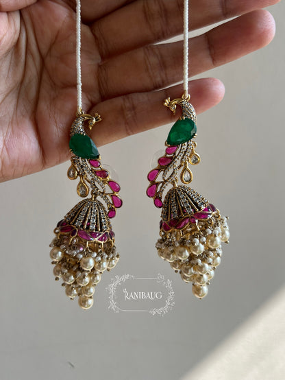 Manasvi Kundan Polki Peacock Motif Designer Royal Statement Earrings With Seed Pearl Hair Chain By Ranibaug