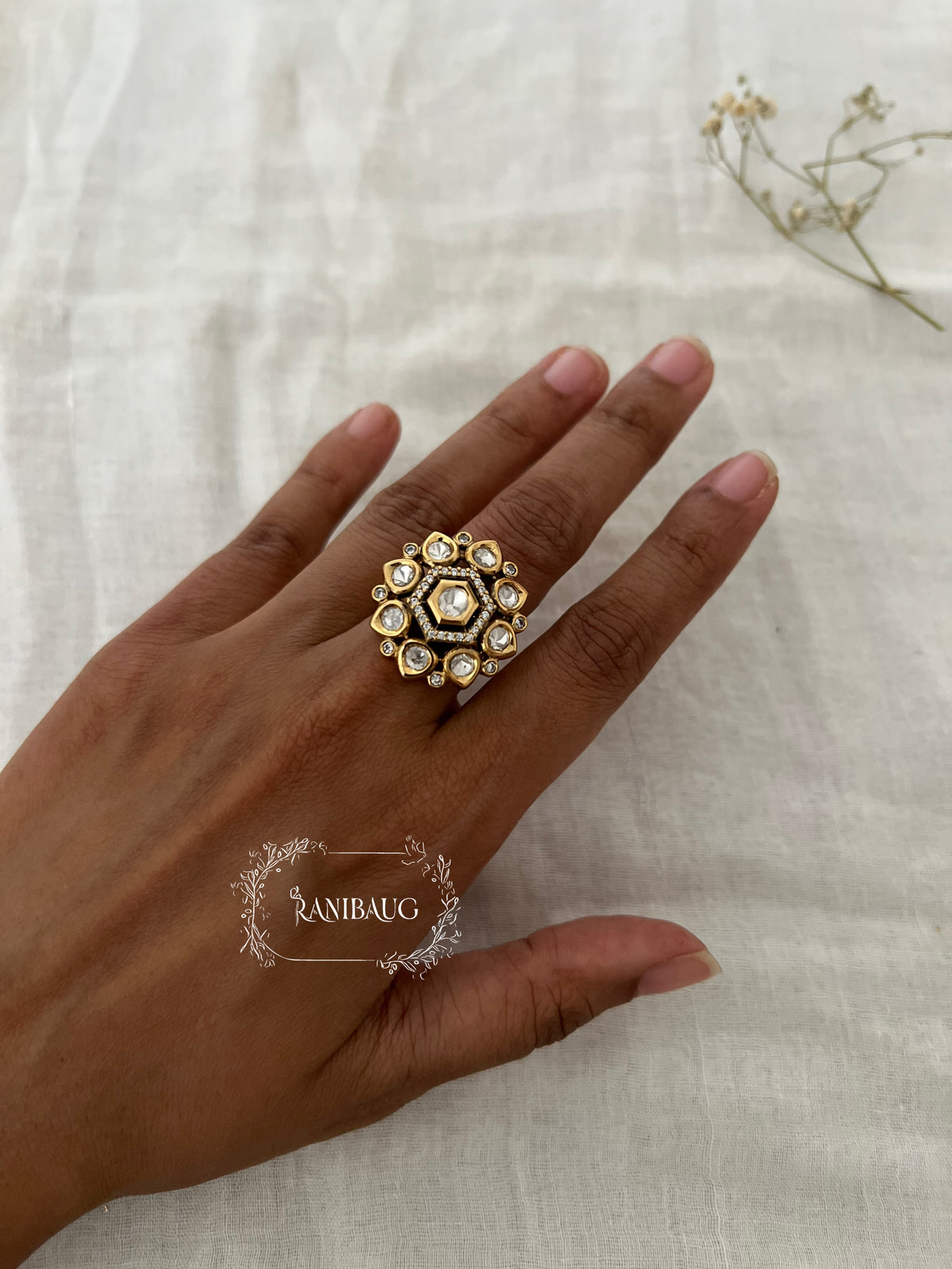 Mangal Polki Kundan Gold Finish Floral Festive Ring Jewelry By Ranibaug
