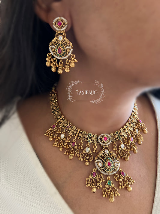 Mangalam Heritage Polki Antique Gold Finish Necklace Set By Ranibaug