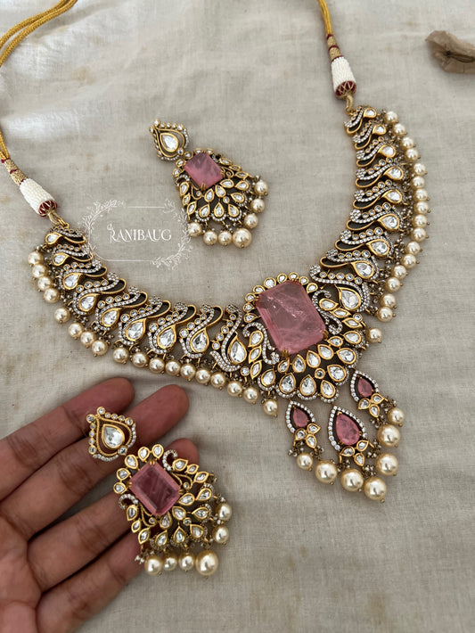 Mani Imperial Pink & Antique Gold Polki Kundan Choker Set | Handcrafted Bridal Wedding Jewelry with Pearl Drops