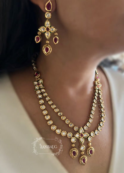 Mani Jadau Style Polki Kundan Studded Gold Plated Layered Style Designer Necklace Jewellery Set with Maang Tikka By Ranibaug