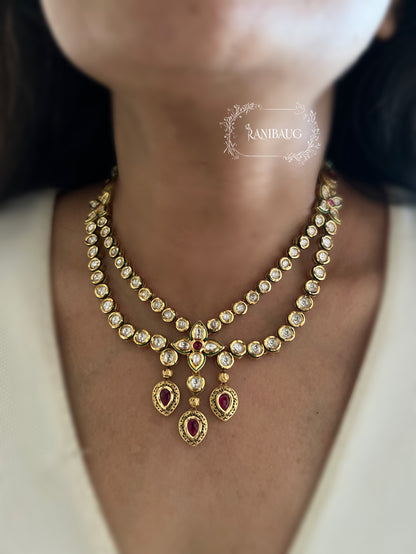 Mani Jadau Style Polki Kundan Studded Gold Plated Layered Style Designer Necklace Jewellery Set with Maang Tikka By Ranibaug