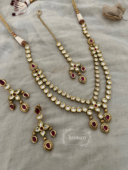 Mani Jadau Style Polki Kundan Studded Gold Plated Layered Style Designer Necklace Jewellery Set with Maang Tikka By Ranibaug
