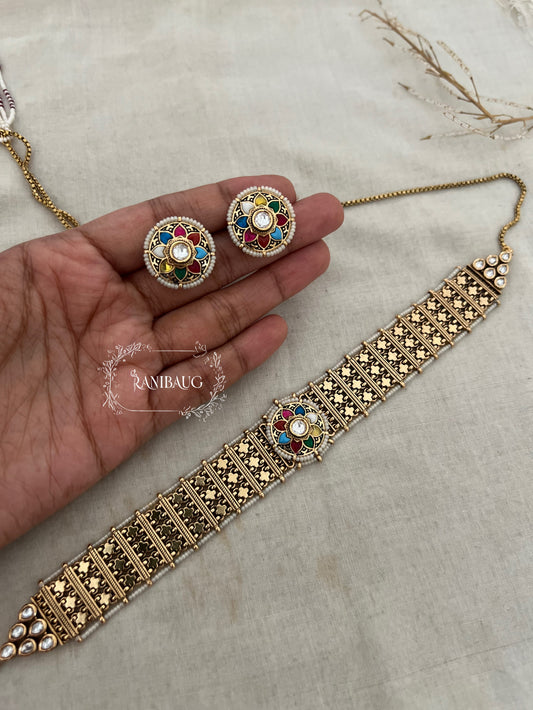 Mani Multicolor Gold Traditional Choker Necklace Set By Ranibaug