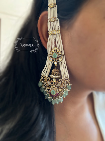Manika Pearl Hair Chain Chandbali Earrings By Ranibaug