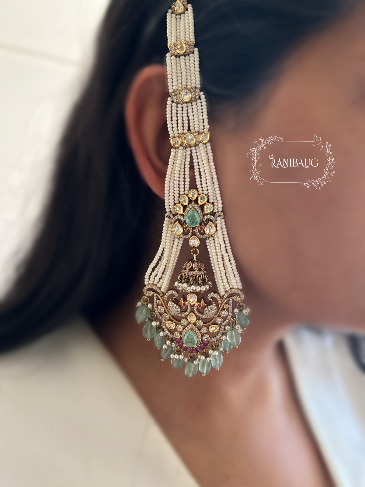 Manika Pearl Hair Chain Chandbali Earrings By Ranibaug