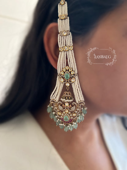 Manika Pearl Hair Chain Chandbali Earrings By Ranibaug