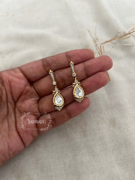 Manika Teardrop Polki Diamond Dangler Stud Earrings In Premium Gold Finish By Ranibaug