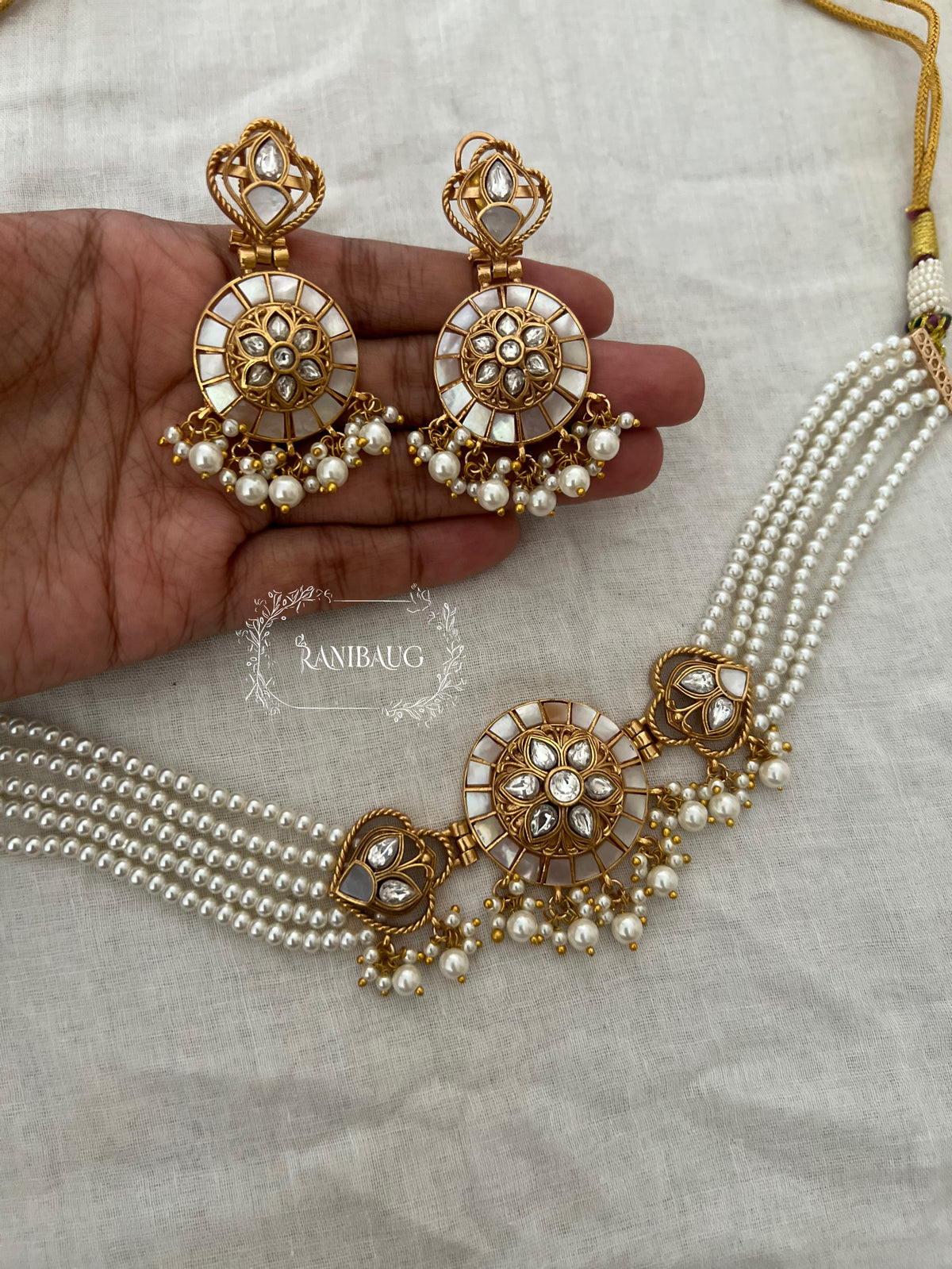 Manikarnika Multistrand Pearl Adorned Meenakari Antique Gold Tone Choker Necklace Set By Ranibaug