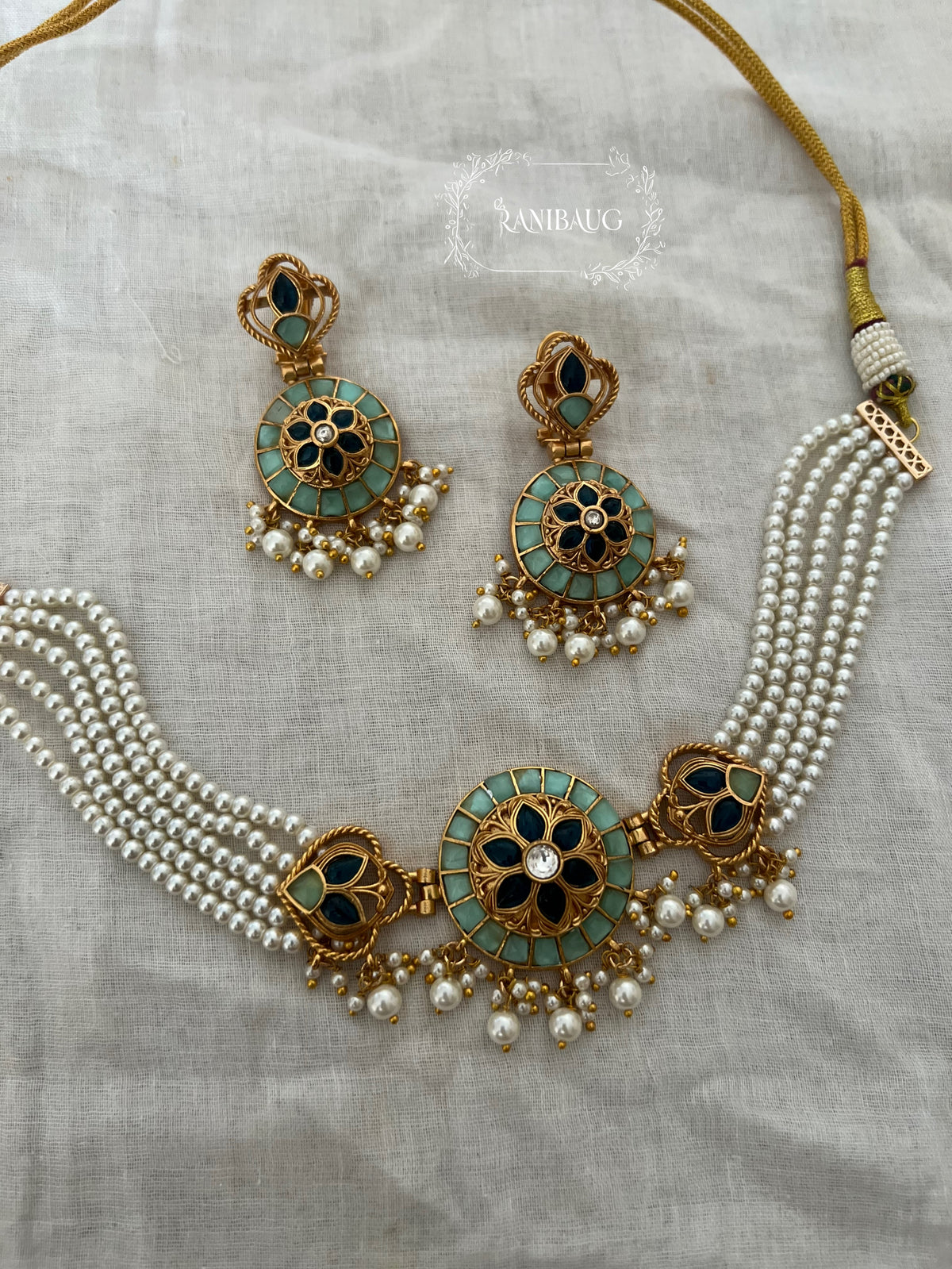 Manikarnika Multistrand Pearl Adorned Meenakari Antique Gold Tone Choker Necklace Set By Ranibaug