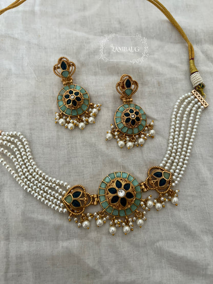 Manikarnika Multistrand Pearl Adorned Meenakari Antique Gold Tone Choker Necklace Set By Ranibaug