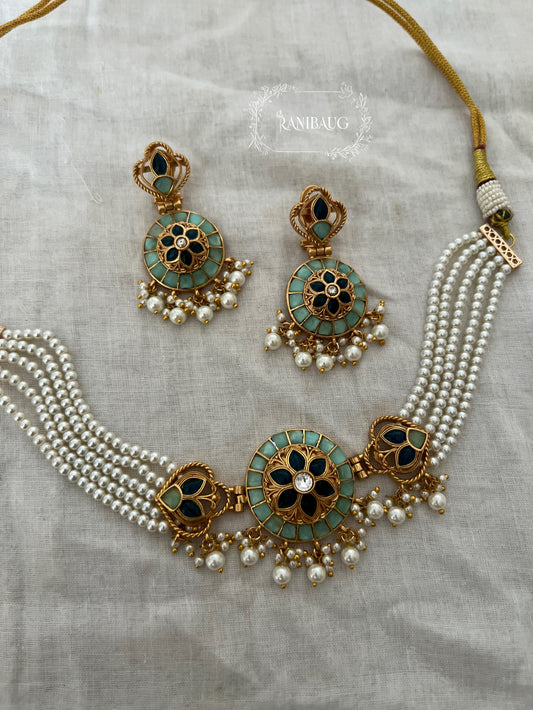 Manikarnika Multistrand Pearl Adorned Meenakari Antique Gold Tone Choker Necklace Set By Ranibaug