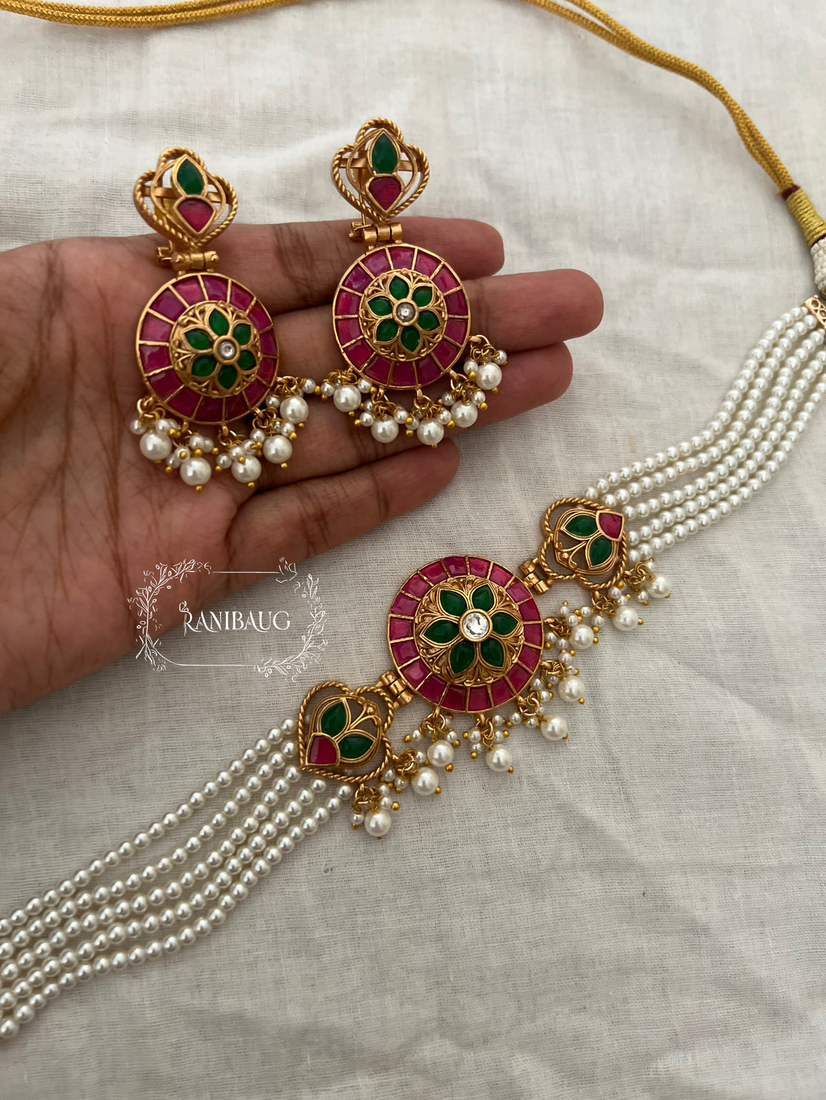 Manikarnika Multistrand Pearl Adorned Meenakari Antique Gold Tone Choker Necklace Set By Ranibaug