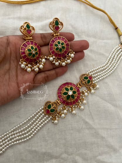 Manikarnika Multistrand Pearl Adorned Meenakari Antique Gold Tone Choker Necklace Set By Ranibaug