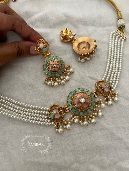 Manikarnika Multistrand Pearl Adorned Meenakari Antique Gold Tone Choker Necklace Set By Ranibaug