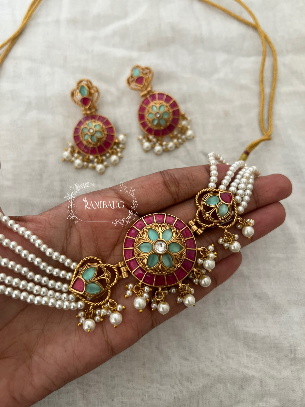 Manikarnika Multistrand Pearl Adorned Meenakari Antique Gold Tone Choker Necklace Set By Ranibaug