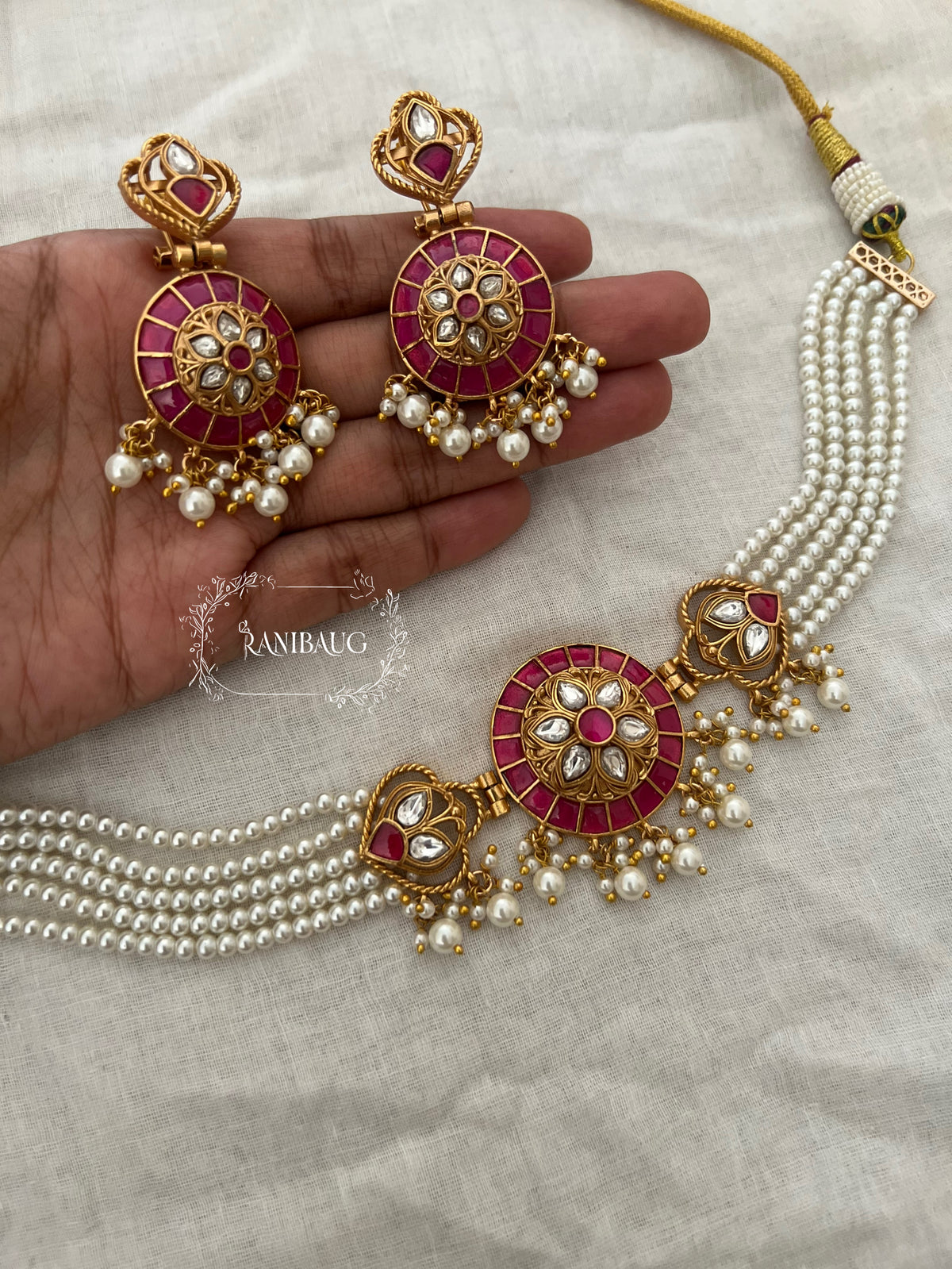 Manikarnika Multistrand Pearl Adorned Meenakari Antique Gold Tone Choker Necklace Set By Ranibaug