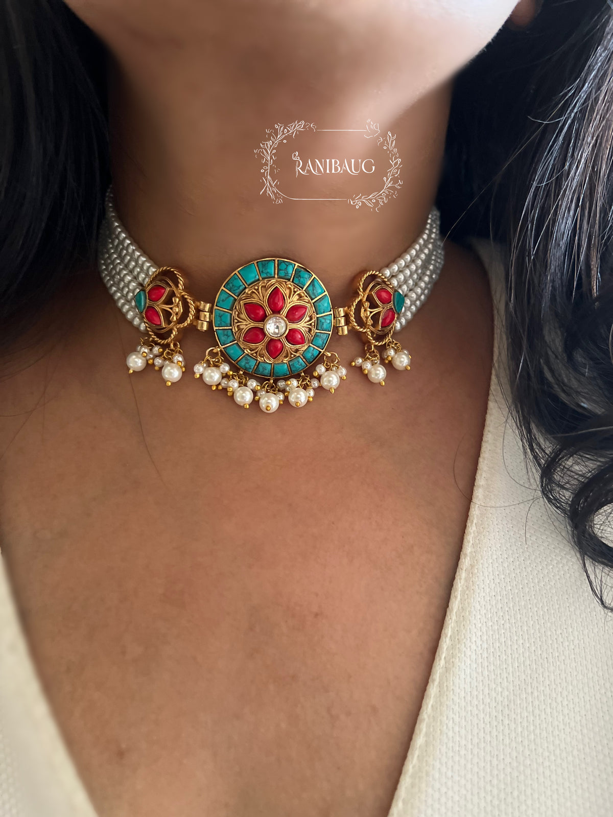 Manikarnika Multistrand Pearl Adorned Meenakari Antique Gold Tone Choker Necklace Set By Ranibaug