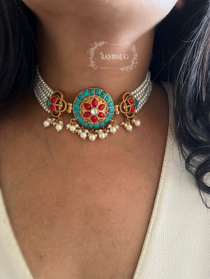 Manikarnika Multistrand Pearl Adorned Meenakari Antique Gold Tone Choker Necklace Set By Ranibaug