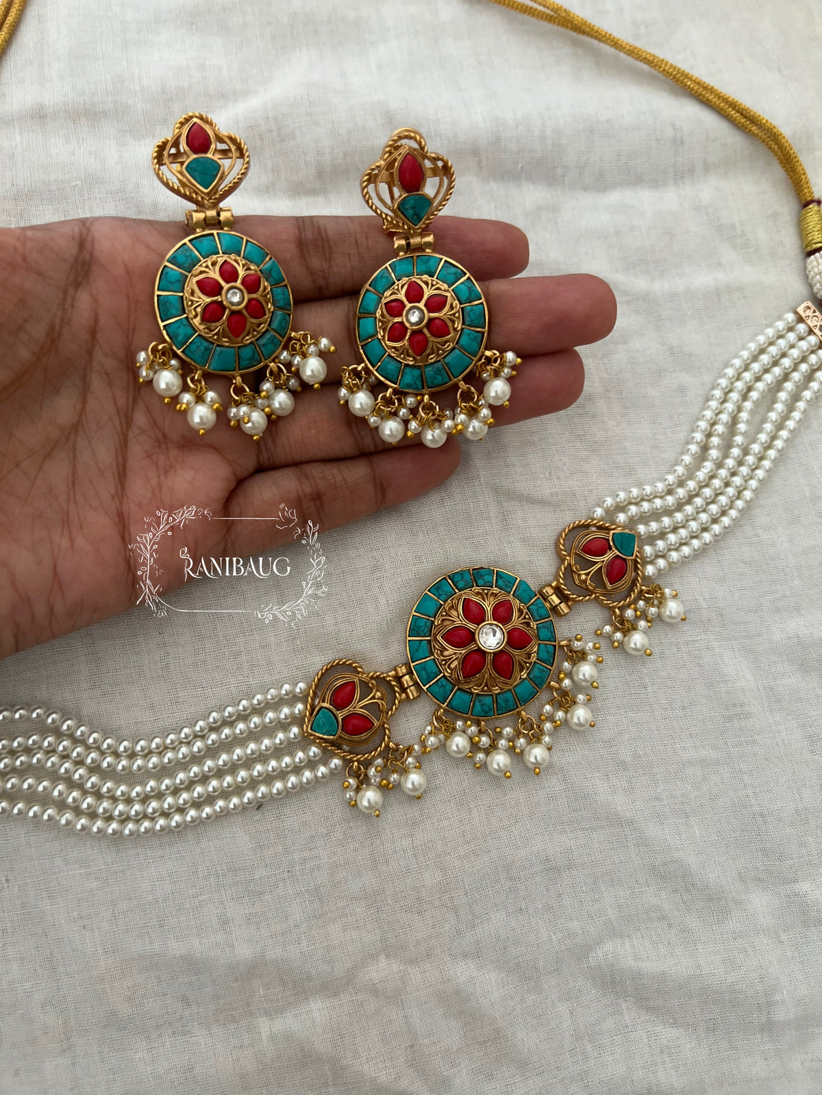Manikarnika Multistrand Pearl Adorned Meenakari Antique Gold Tone Choker Necklace Set By Ranibaug