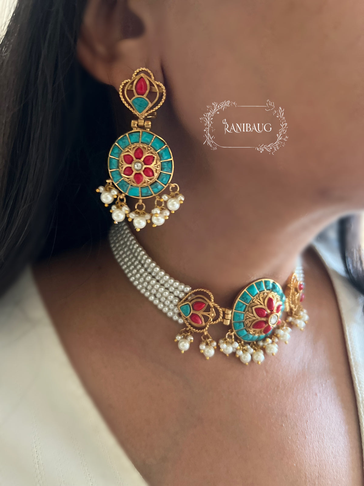 Manikarnika Multistrand Pearl Adorned Meenakari Antique Gold Tone Choker Necklace Set By Ranibaug