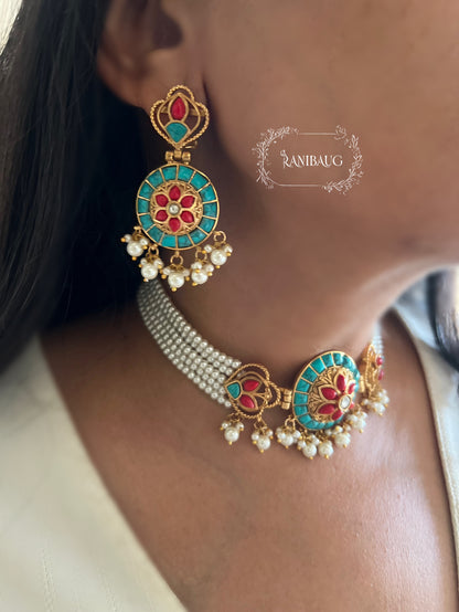 Manikarnika Multistrand Pearl Adorned Meenakari Antique Gold Tone Choker Necklace Set By Ranibaug