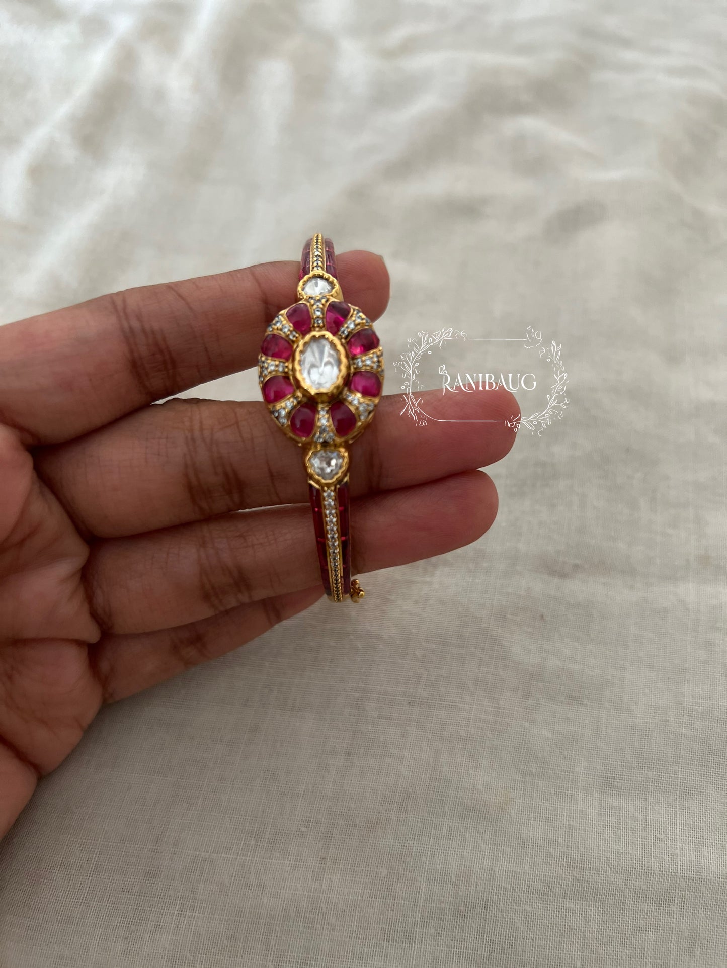 Manikya Indian Metal Bracelet In Rich Gold Polish Studded With Polki Diamond