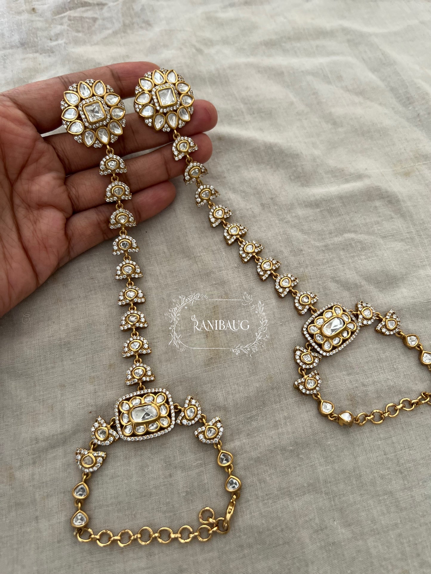 Manjhishtha Polki Kundan Zirconia Studded Gold Finish Haathphool By Ranibaug
