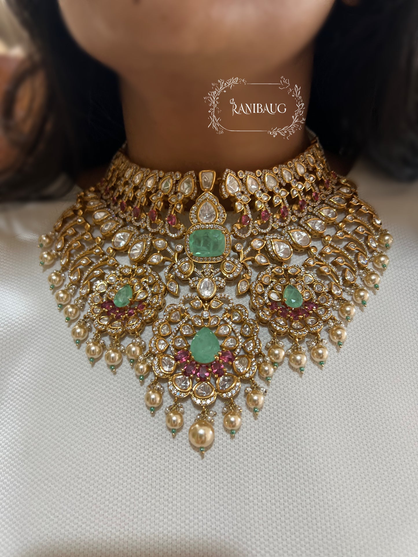 Manjishta Rich Gold Finish Polki Kundan Adorned Layered Pearl Complete Bridal Jewellery Necklace Set By Ranibaug | The Royal Wedding Collection 2026