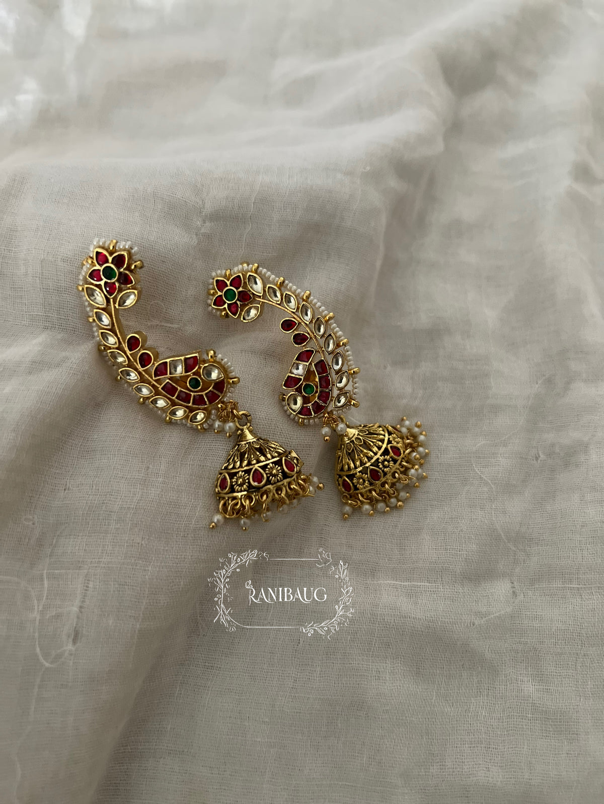 Mannara Heritage Style Peacock Inspired Floral Cuff Earrings By Ranibaug