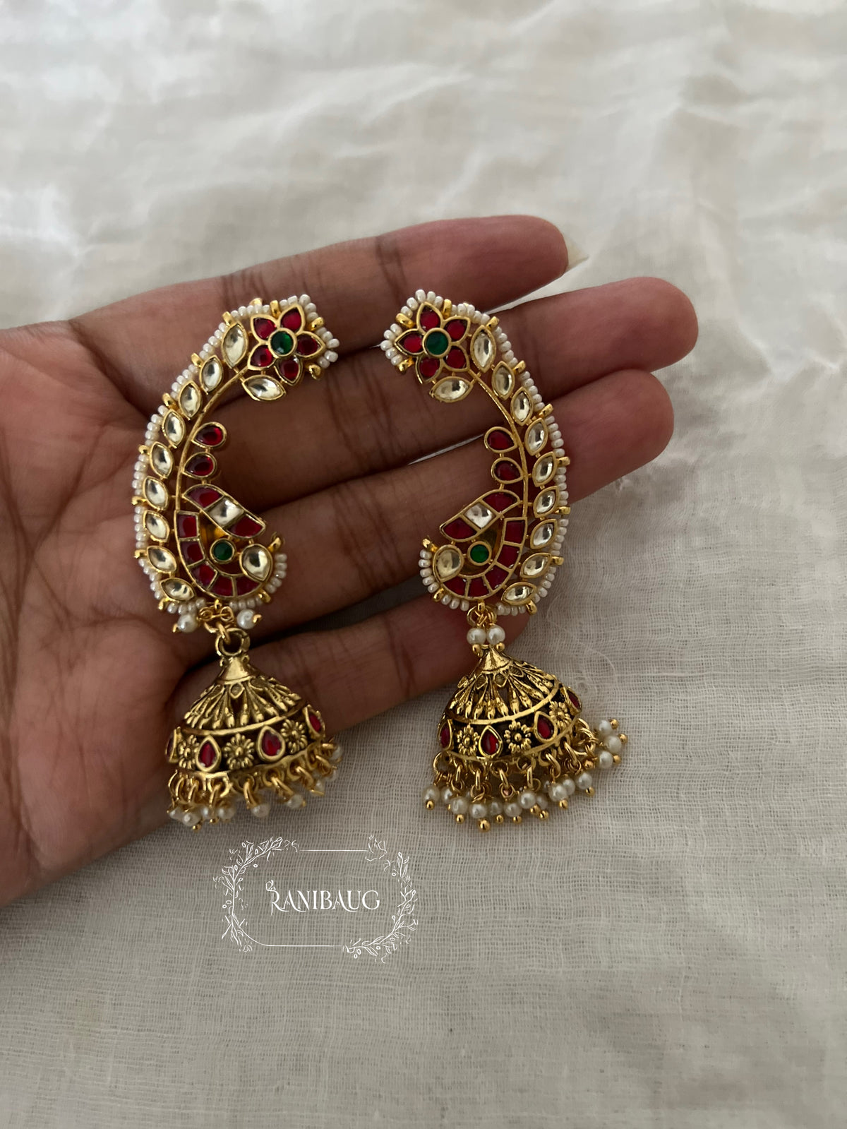 Mannara Heritage Style Peacock Inspired Floral Cuff Earrings By Ranibaug