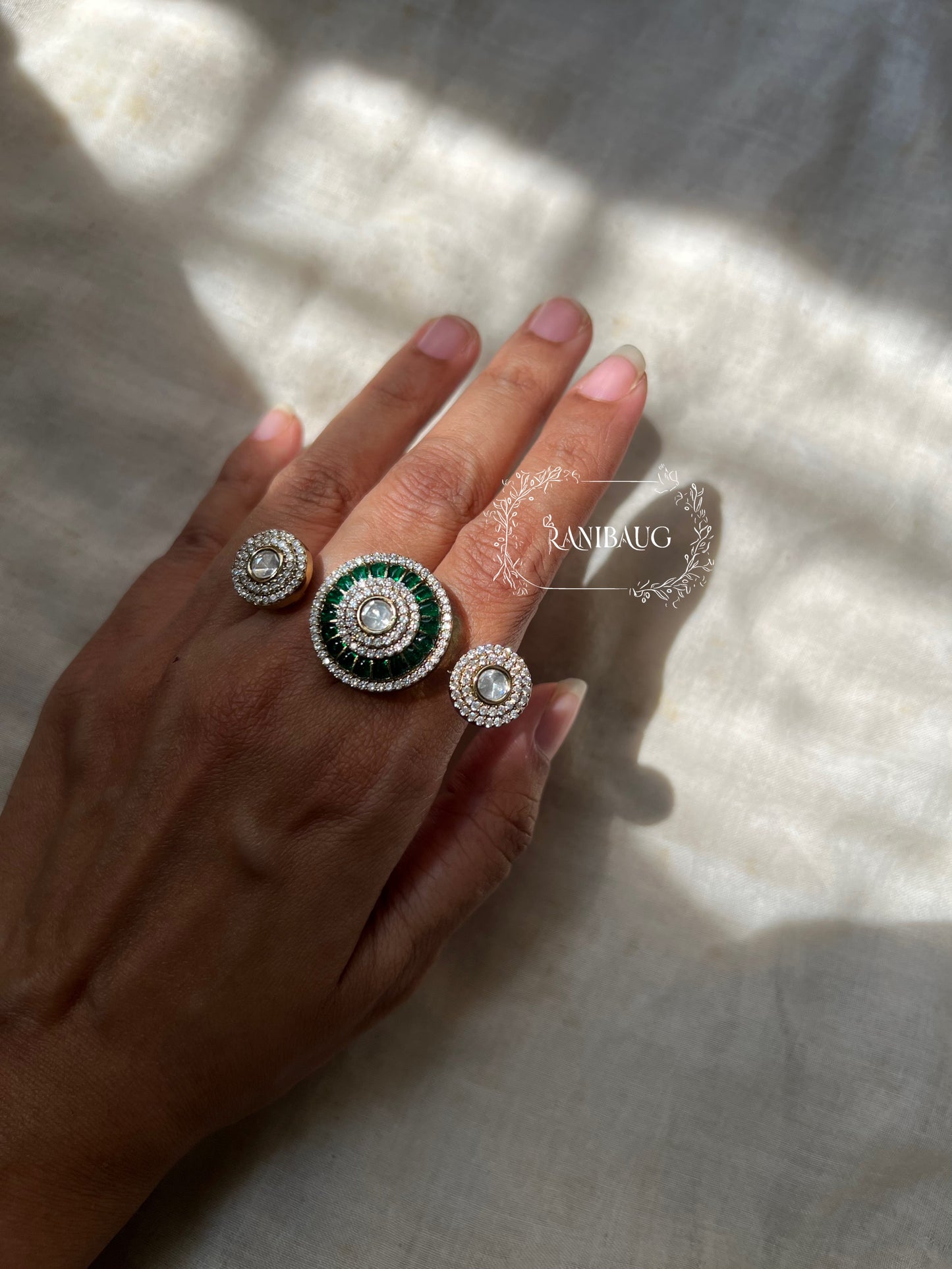 Manshi Polki Kundan White And Green Festive Two Finger Ring Jewelry By Ranibaug
