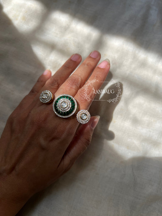 Manshi Polki Kundan White And Green Festive Two Finger Ring Jewelry By Ranibaug