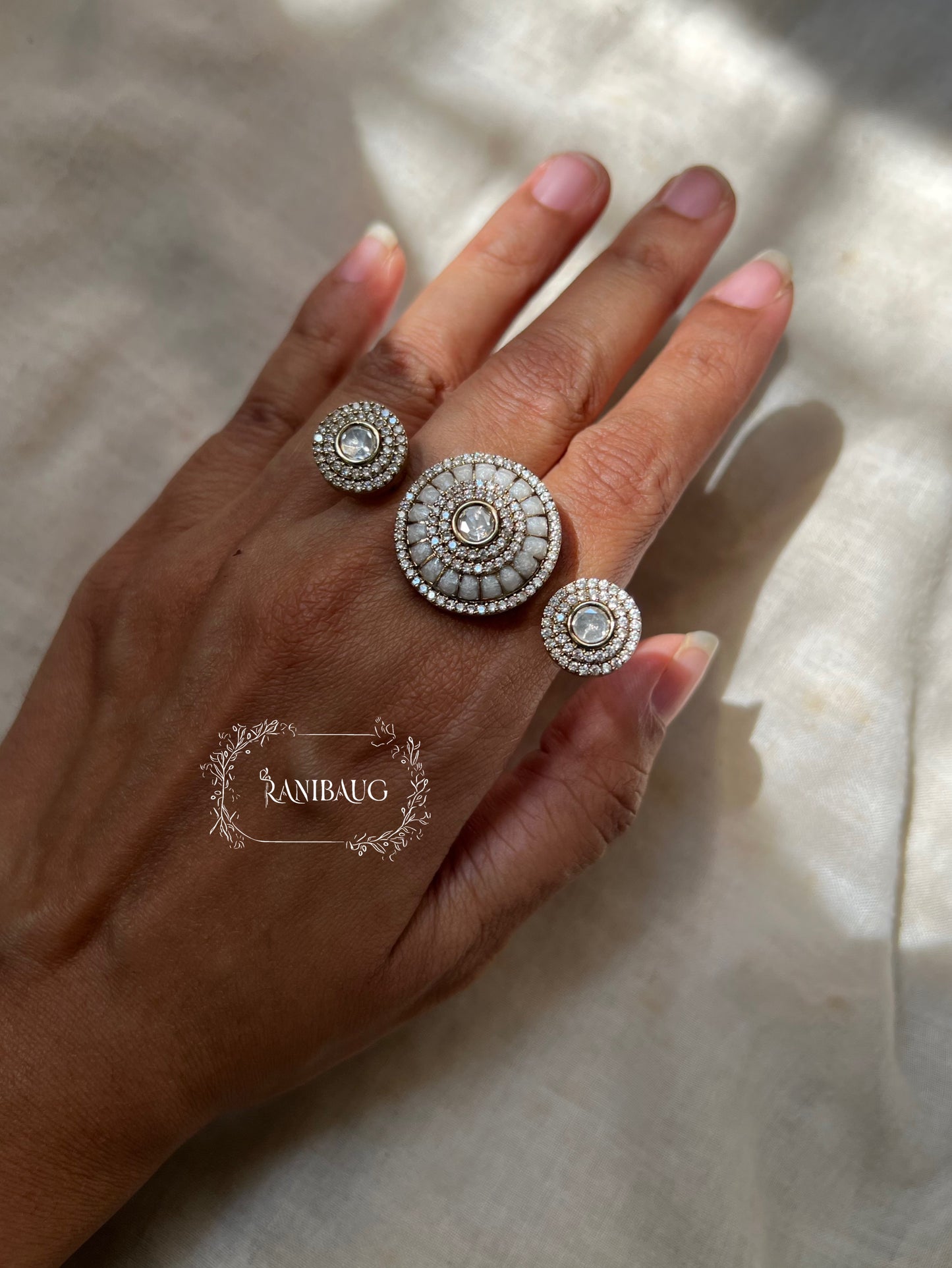 Manshi Polki Kundan White And Green Festive Two Finger Ring Jewelry By Ranibaug