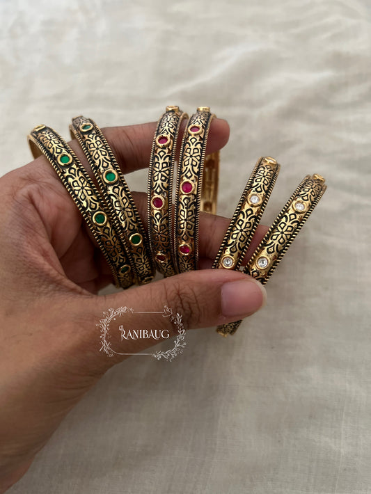Mansika Vintage Antique Gold Premium Designer Bangles With Color Polki Accents By Ranibaug