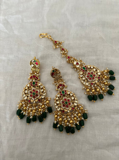 Manushi Multicolor Indian Traditional Polki Kundan Gold Finish Earrings And Maang Tikka For Wedding By Ranibaug