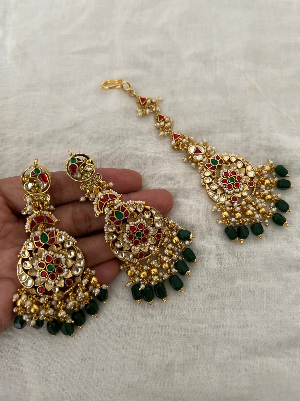Manushi Multicolor Indian Traditional Polki Kundan Gold Finish Earrings And Maang Tikka For Wedding By Ranibaug