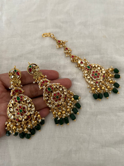 Manushi Multicolor Indian Traditional Polki Kundan Gold Finish Earrings And Maang Tikka For Wedding By Ranibaug