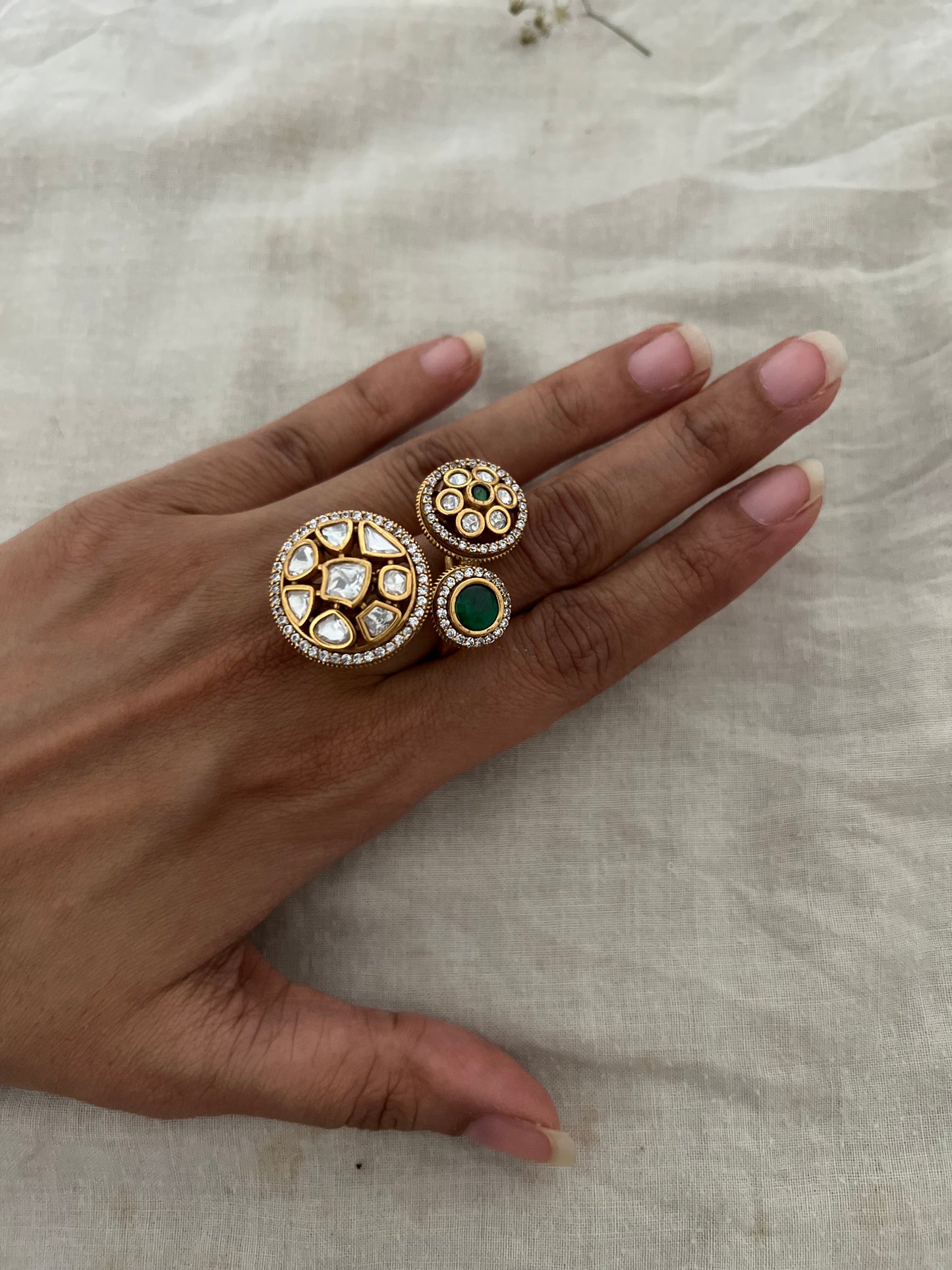 Manya 3 Stud Unique Designer Rich Gold Tone Polki Kundan Ring By Ranibaug