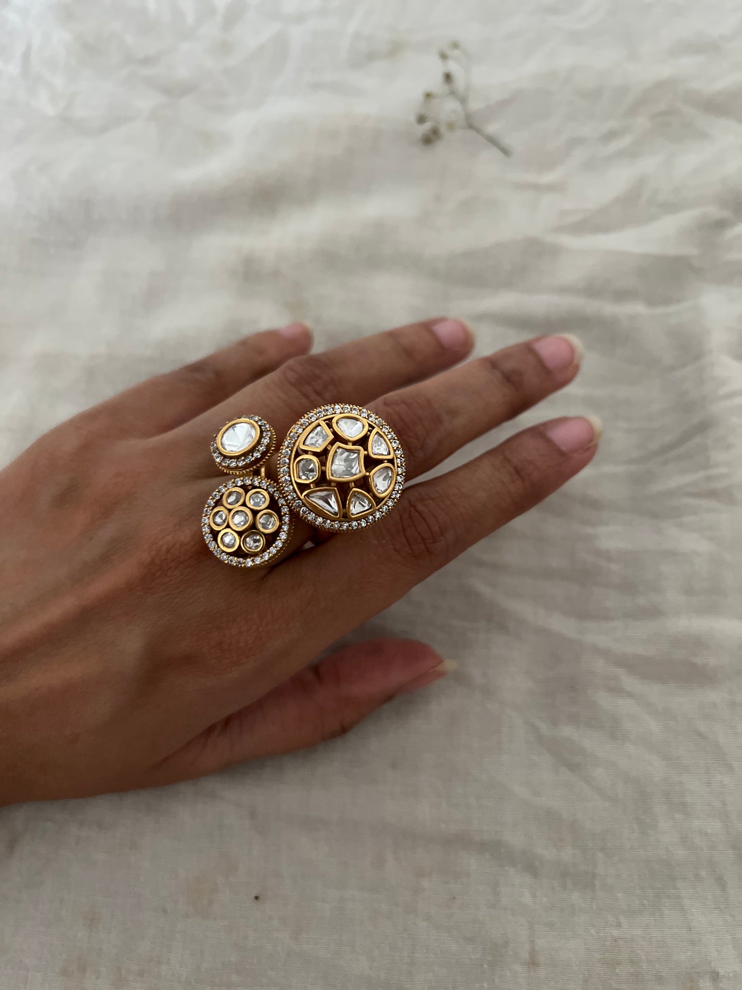 Manya 3 Stud Unique Designer Rich Gold Tone Polki Kundan Ring By Ranibaug