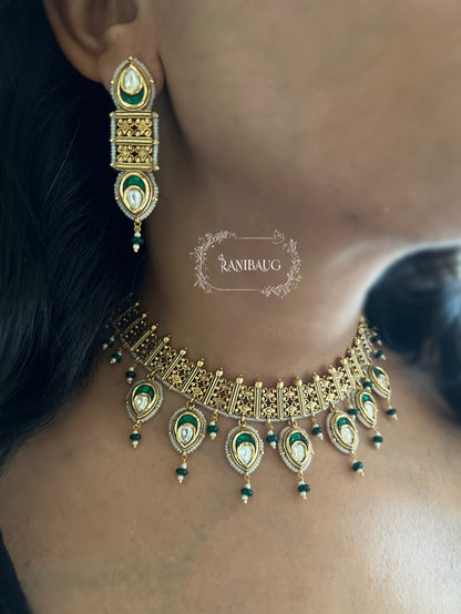 Manya Gold Heritage Traditional Polki Teardrop Studded Necklace Set By Ranibaug