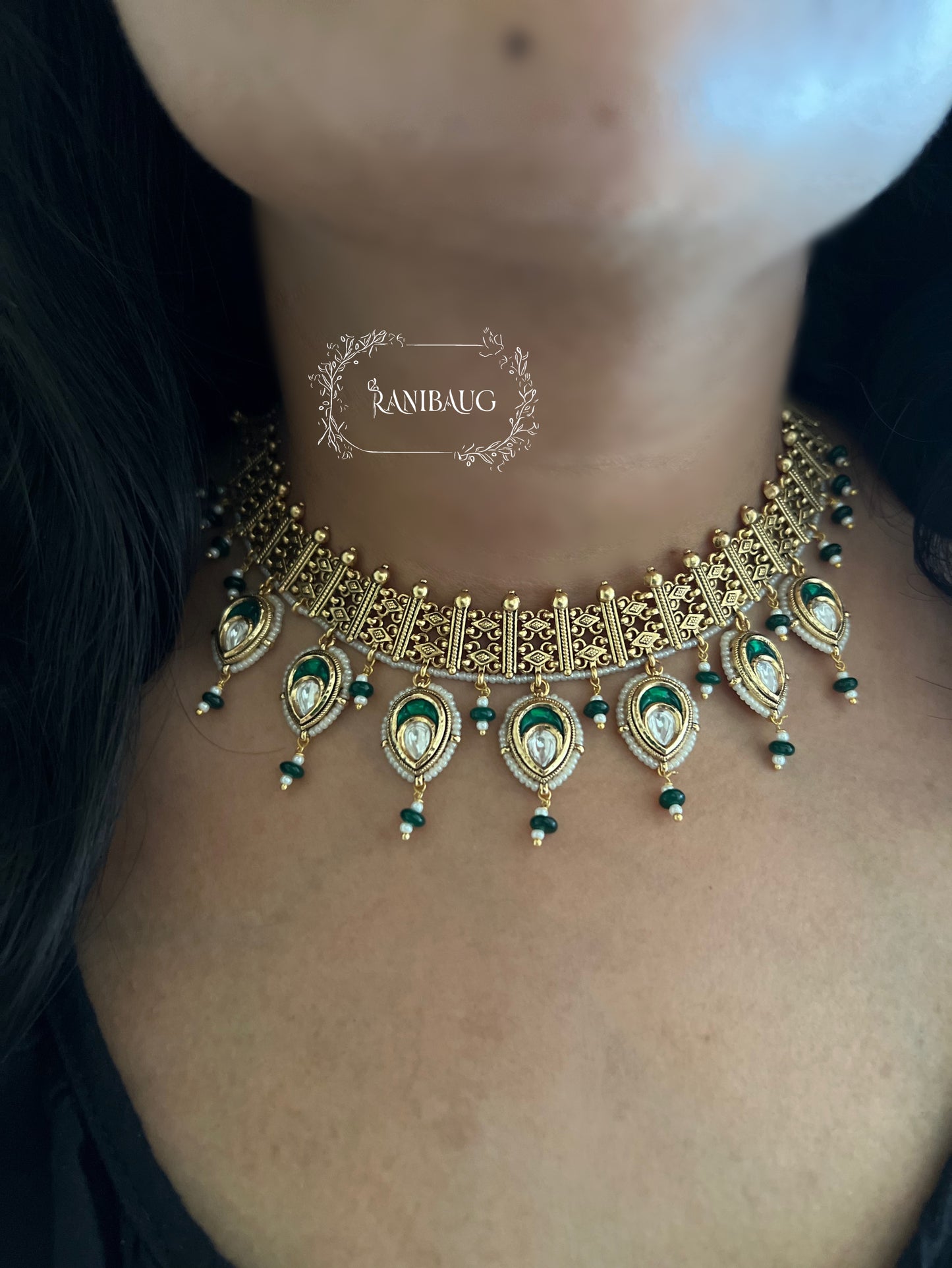 Manya Gold Heritage Traditional Polki Teardrop Studded Necklace Set By Ranibaug